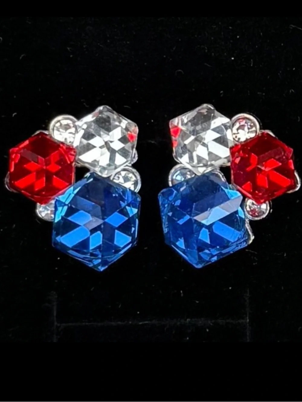 Custom, red, clear and blue pierced bling earrings